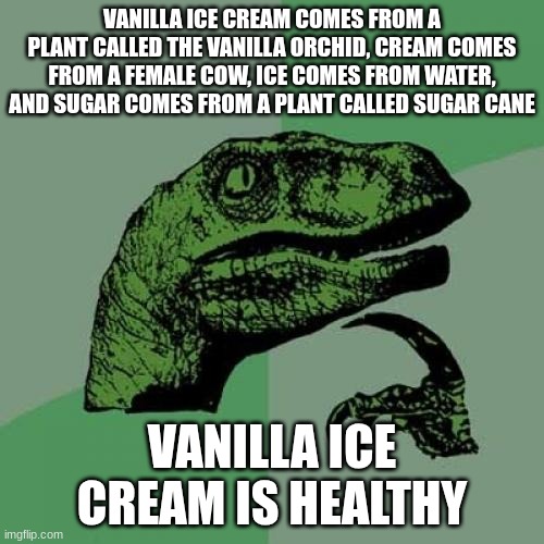 Philosoraptor | VANILLA ICE CREAM COMES FROM A PLANT CALLED THE VANILLA ORCHID, CREAM COMES FROM A FEMALE COW, ICE COMES FROM WATER, AND SUGAR COMES FROM A PLANT CALLED SUGAR CANE; VANILLA ICE CREAM IS HEALTHY | image tagged in memes,philosoraptor | made w/ Imgflip meme maker