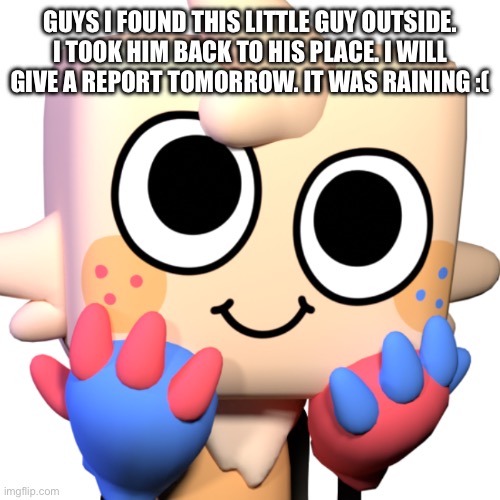 I hope he’s good tomorrow if I see him | GUYS I FOUND THIS LITTLE GUY OUTSIDE. I TOOK HIM BACK TO HIS PLACE. I WILL GIVE A REPORT TOMORROW. IT WAS RAINING :( | image tagged in goob | made w/ Imgflip meme maker