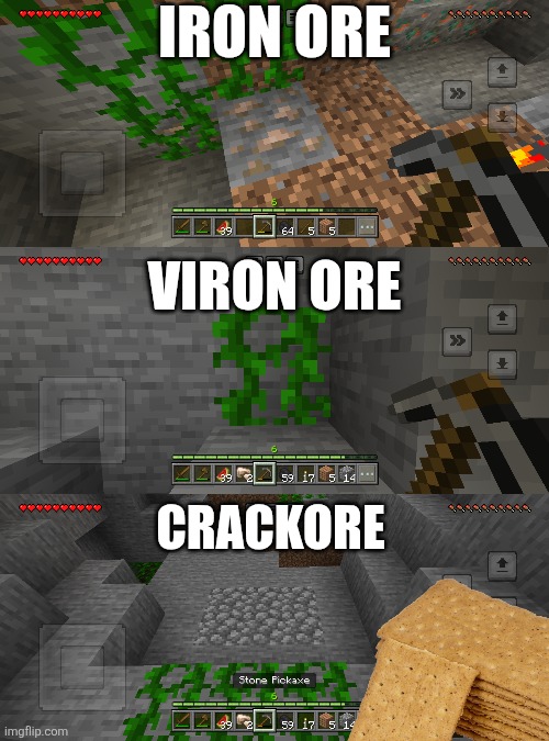 C(ore)my ores | IRON ORE; VIRON ORE; CRACKORE | image tagged in funny,minecraft | made w/ Imgflip meme maker