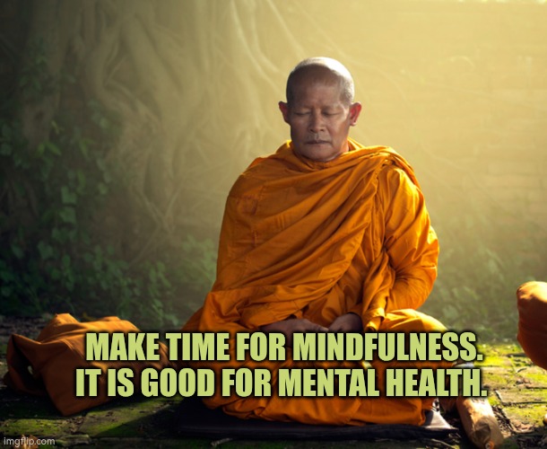 Make time for Mindfulness. It is good for mental health. | MAKE TIME FOR MINDFULNESS. IT IS GOOD FOR MENTAL HEALTH. | image tagged in mental health,autism,wellbeing,mindfulness,meditation | made w/ Imgflip meme maker