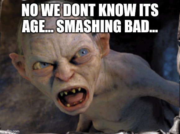 Gollum lord of the rings | NO WE DONT KNOW ITS AGE... SMASHING BAD... | image tagged in gollum lord of the rings | made w/ Imgflip meme maker