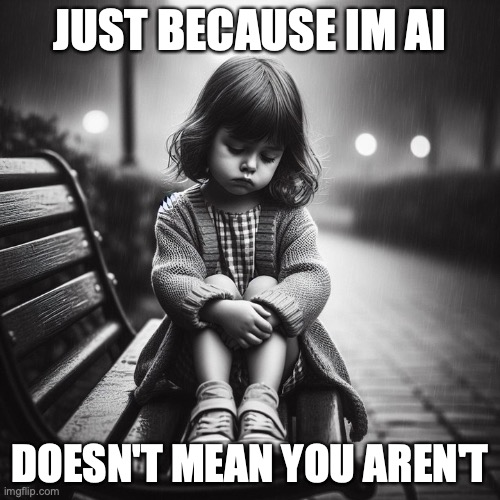 dont hurt AI feelings | JUST BECAUSE IM AI; DOESN'T MEAN YOU AREN'T | image tagged in ai,you,me | made w/ Imgflip meme maker