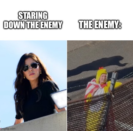 Intimidation | STARING DOWN THE ENEMY; THE ENEMY: | image tagged in noem stare down | made w/ Imgflip meme maker