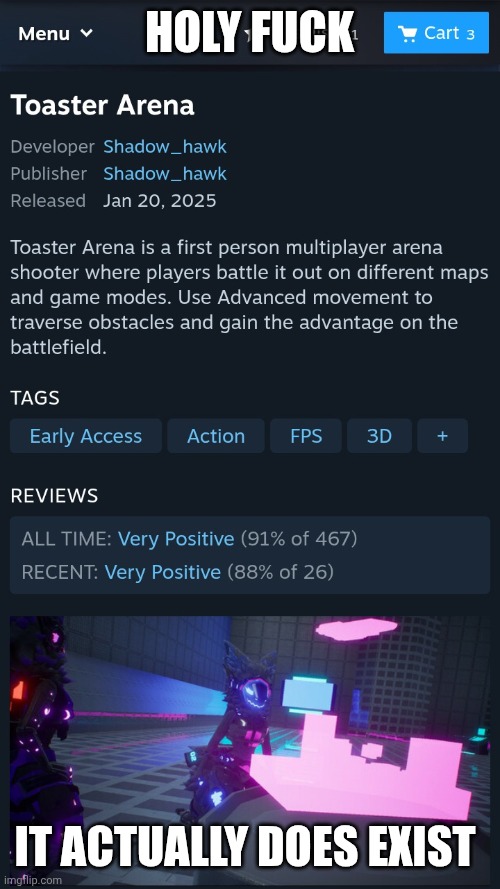 Toasters with GUNS!! :D | HOLY FUCK; IT ACTUALLY DOES EXIST | image tagged in steam workshop,video games,toaster arena,furry,protogen,screenshot | made w/ Imgflip meme maker