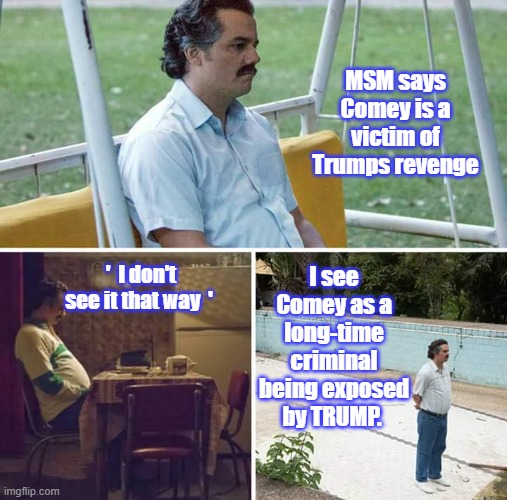 They're mad because the first one of them is going to trial & they fear being NEXT!!! HILLARY & BARRY next | MSM says Comey is a victim of Trumps revenge; I see Comey as a long-time criminal being exposed by TRUMP. '  I don't see it that way  ' | image tagged in memes,sad pablo escobar | made w/ Imgflip meme maker