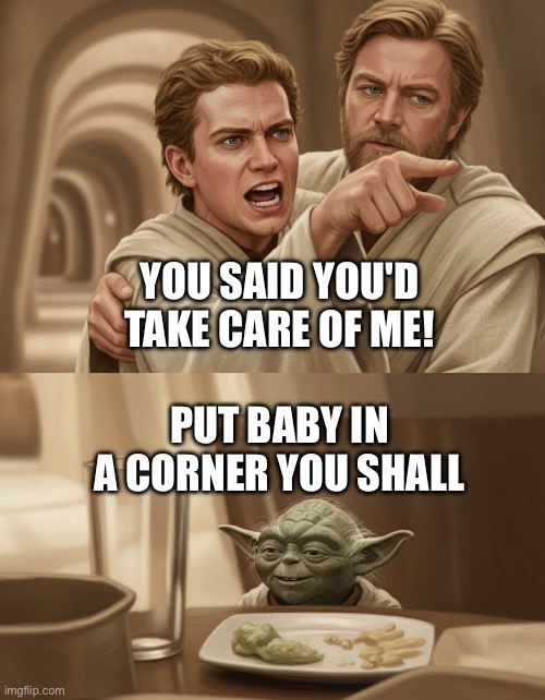 Put Baby in a Corner | YOU SAID YOU'D TAKE CARE OF ME! PUT BABY IN A CORNER YOU SHALL | image tagged in angry anakin yelling at yoda blank,star wars,star wars yoda,anakin skywalker | made w/ Imgflip meme maker