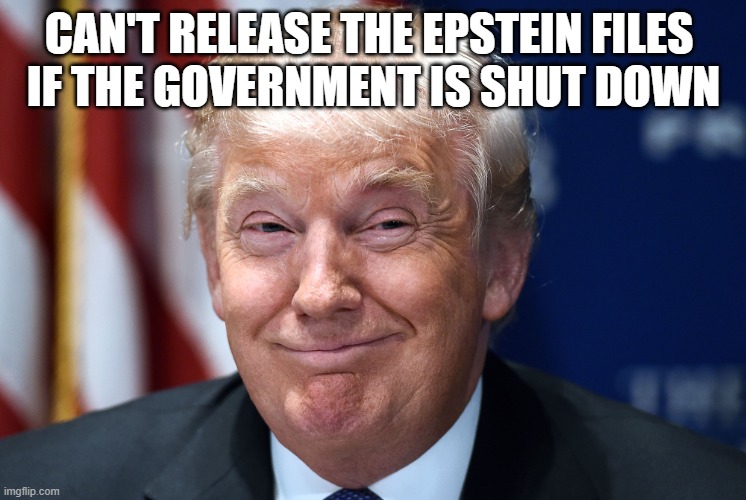 Where's the Epstein files already? | CAN'T RELEASE THE EPSTEIN FILES 
IF THE GOVERNMENT IS SHUT DOWN | image tagged in trump smiles,epstein,jeffrey epstein,donald trump,pedophile,coverup | made w/ Imgflip meme maker