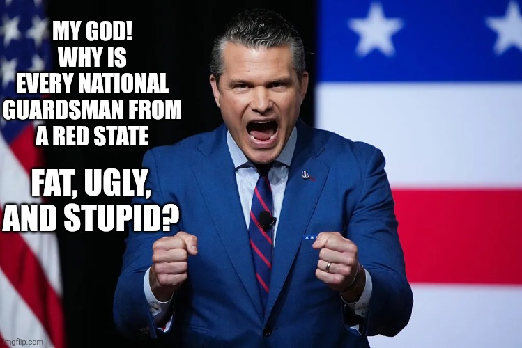 Hegseth toddler | MY GOD! WHY IS EVERY NATIONAL GUARDSMAN FROM A RED STATE FAT, UGLY, AND STUPID? | image tagged in hegseth toddler | made w/ Imgflip meme maker