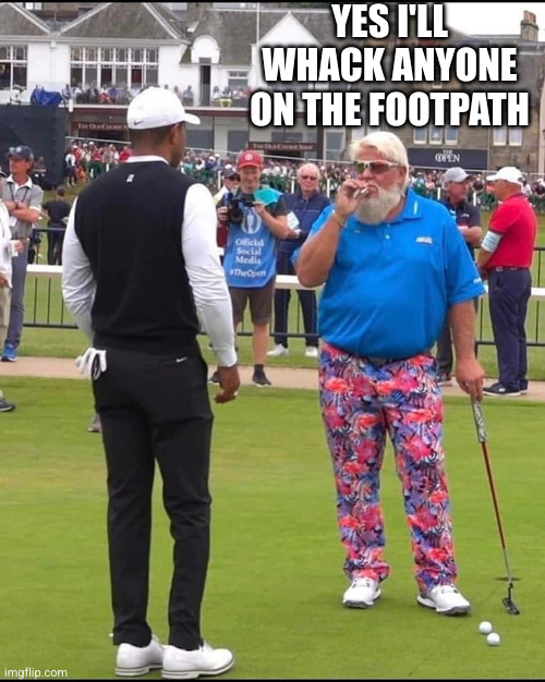 John Daly and Tiger Woods | YES I'LL WHACK ANYONE ON THE FOOTPATH | image tagged in john daly and tiger woods | made w/ Imgflip meme maker