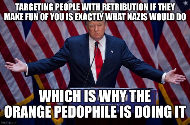 Donald Trump | TARGETING PEOPLE WITH RETRIBUTION IF THEY MAKE FUN OF YOU IS EXACTLY WHAT NAZIS WOULD DO WHICH IS WHY THE ORANGE PEDOPHILE IS DOING IT | image tagged in donald trump | made w/ Imgflip meme maker