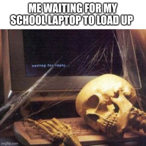 It's so slow | ME WAITING FOR MY SCHOOL LAPTOP TO LOAD UP | image tagged in skeleton computer,school | made w/ Imgflip meme maker