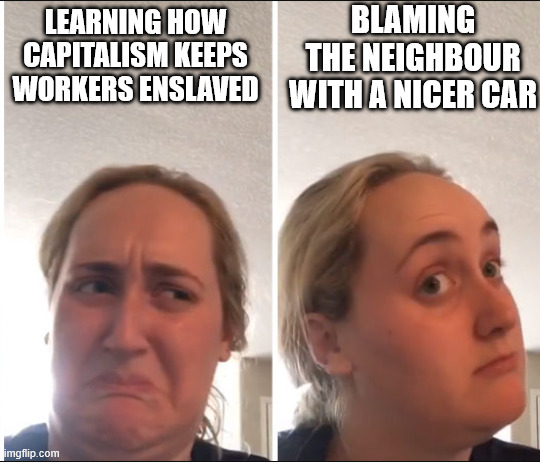 Marxism VS Fascism | BLAMING THE NEIGHBOUR WITH A NICER CAR; LEARNING HOW CAPITALISM KEEPS WORKERS ENSLAVED | image tagged in kombucha girl | made w/ Imgflip meme maker