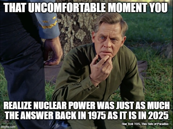 Star Trek TOS & Nuclear Power v. Renewable Allegory | THAT UNCOMFORTABLE MOMENT YOU; REALIZE NUCLEAR POWER WAS JUST AS MUCH; THE ANSWER BACK IN 1975 AS IT IS IN 2025; Star Trek TOS, This Side of Paradise | image tagged in nuclear power,star trek | made w/ Imgflip meme maker