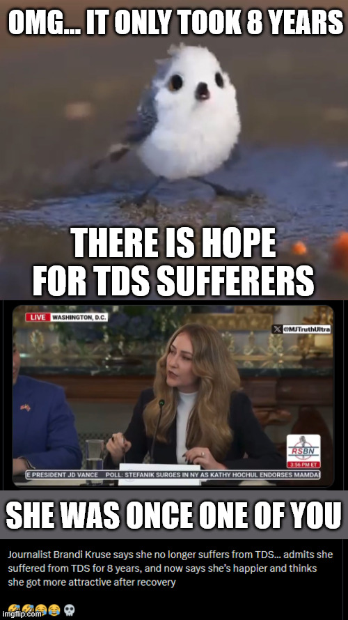 Now says she’s happier and thinks she got more attractive after recovery | OMG... IT ONLY TOOK 8 YEARS; THERE IS HOPE FOR TDS SUFFERERS; SHE WAS ONCE ONE OF YOU | image tagged in i haz seen da light,tds cured,all it took was critical thinking about msm lies | made w/ Imgflip meme maker