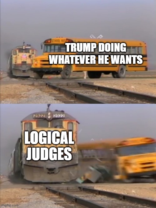 Thanks judges for saving America! | TRUMP DOING WHATEVER HE WANTS; LOGICAL JUDGES | image tagged in train crashes bus | made w/ Imgflip meme maker