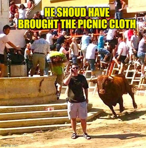 Bull charging | HE SHOUD HAVE BROUGHT THE PICNIC CLOTH | image tagged in bull charging | made w/ Imgflip meme maker