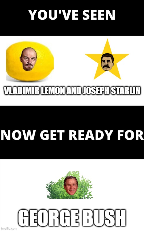 You've seen Vladimir Lemon and Joseph Starlin now meet George Bush | VLADIMIR LEMON AND JOSEPH STARLIN; GEORGE BUSH | image tagged in you've seen now get ready for,funny,memes,stalin,lenin,george bush | made w/ Imgflip meme maker