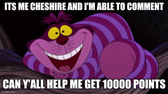 Cheshire Cat | ITS ME CHESHIRE AND I'M ABLE TO COMMENT; CAN Y'ALL HELP ME GET 10000 POINTS | image tagged in cheshire cat | made w/ Imgflip meme maker