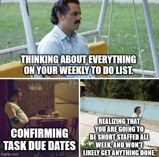 To Do List | THINKING ABOUT EVERYTHING ON YOUR WEEKLY TO DO LIST. REALIZING THAT YOU ARE GOING TO BE SHORT STAFFED ALL WEEK, AND WON'T LIKELY GET ANYTHING DONE. CONFIRMING TASK DUE DATES | image tagged in memes,sad pablo escobar,understaffed,to do list,deadlines,merchandiser | made w/ Imgflip meme maker