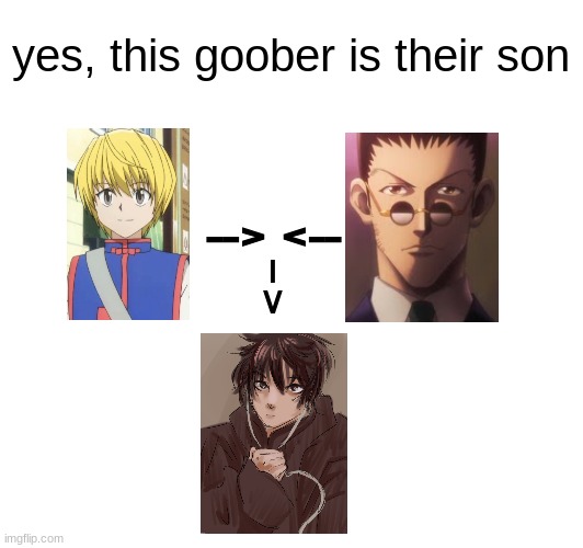 Yes Leaf is Leorio and  Kurapika's son | yes, this goober is their son; --> <--; I
V | image tagged in anime,memes,oc lore,shocking | made w/ Imgflip meme maker