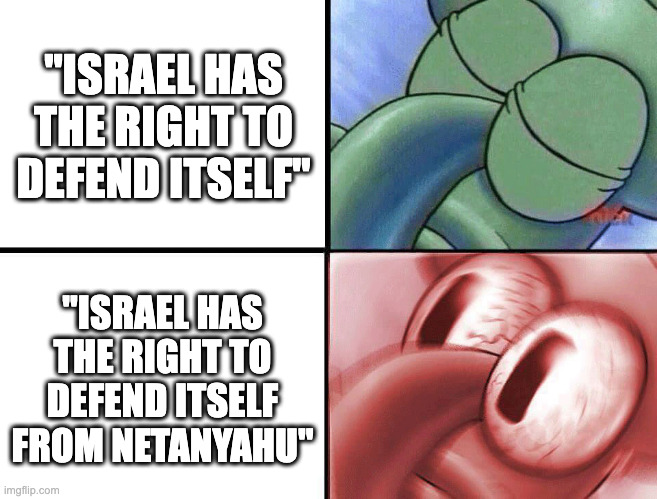 AIPAC be like | "ISRAEL HAS THE RIGHT TO DEFEND ITSELF"; "ISRAEL HAS THE RIGHT TO DEFEND ITSELF FROM NETANYAHU" | image tagged in sleeping squidward | made w/ Imgflip meme maker