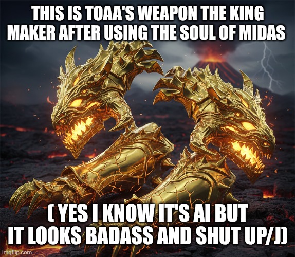 I GET IT I CANT DRAW BUT THIS SHITS BADASS OK | THIS IS TOAA'S WEAPON THE KING MAKER AFTER USING THE SOUL OF MIDAS; ( YES I KNOW IT'S AI BUT IT LOOKS BADASS AND SHUT UP/J) | made w/ Imgflip meme maker
