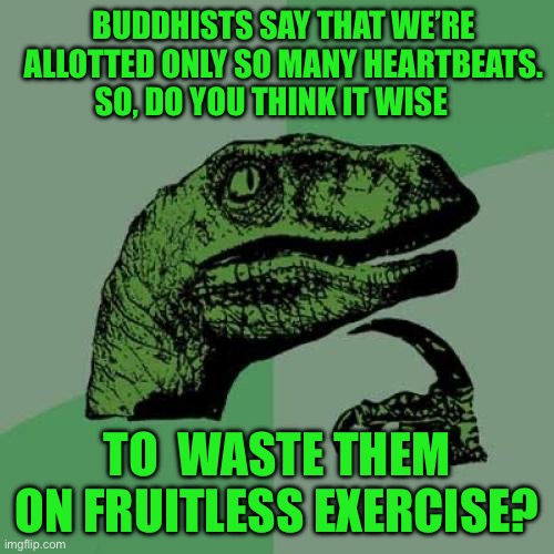 Philosoraptor | BUDDHISTS SAY THAT WE’RE ALLOTTED ONLY SO MANY HEARTBEATS. SO, DO YOU THINK IT WISE; TO  WASTE THEM ON FRUITLESS EXERCISE? | image tagged in memes,philosoraptor | made w/ Imgflip meme maker