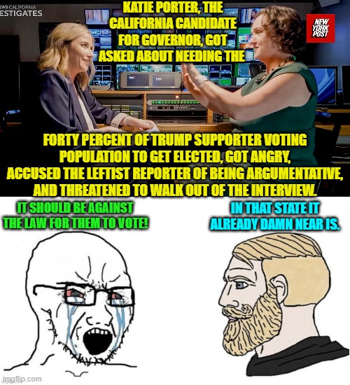 I'm not surprised.  Are you? | KATIE PORTER, THE CALIFORNIA CANDIDATE FOR GOVERNOR, GOT ASKED ABOUT NEEDING THE; FORTY PERCENT OF TRUMP SUPPORTER VOTING POPULATION TO GET ELECTED, GOT ANGRY, ACCUSED THE LEFTIST REPORTER OF BEING ARGUMENTATIVE, AND THREATENED TO WALK OUT OF THE INTERVIEW. IN THAT STATE IT ALREADY DAMN NEAR IS. IT SHOULD BE AGAINST THE LAW FOR THEM TO VOTE! | image tagged in yep | made w/ Imgflip meme maker