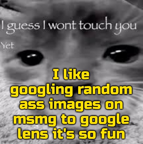 Image Title | I like googling random ass images on msmg to google lens it's so fun | image tagged in i guess i won't touch you | made w/ Imgflip meme maker