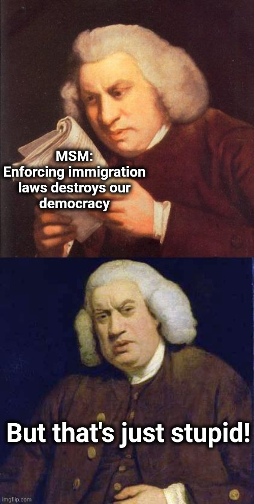 MSM spreads bullsh!t yet again | MSM:
Enforcing immigration
laws destroys our
democracy; But that's just stupid! | image tagged in dafuq did i just read,mainstream media,trump derangement syndrome,immigration laws,democrats,democracy | made w/ Imgflip meme maker