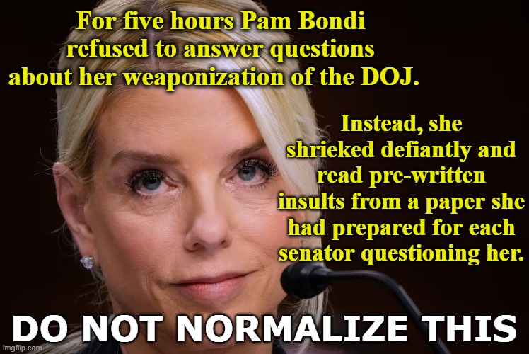 Don't Normalize Pam Bondi | For five hours Pam Bondi refused to answer questions about her weaponization of the DOJ. Instead, she shrieked defiantly and read pre-written insults from a paper she had prepared for each senator questioning her. DO NOT NORMALIZE THIS | image tagged in maga,right wing,fascists,nevertrump,fascism,deplorable | made w/ Imgflip meme maker