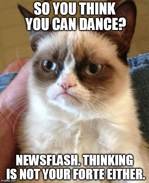 Grumpy Cat | SO YOU THINK YOU CAN DANCE? NEWSFLASH. THINKING IS NOT YOUR FORTE EITHER. | image tagged in memes,grumpy cat | made w/ Imgflip meme maker