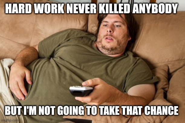 Lazy | HARD WORK NEVER KILLED ANYBODY; BUT I'M NOT GOING TO TAKE THAT CHANCE | image tagged in lazy guy on couch,funny memes | made w/ Imgflip meme maker
