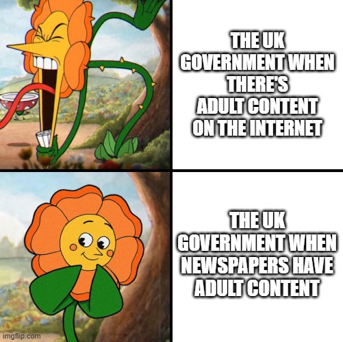 angry flower | THE UK GOVERNMENT WHEN THERE'S ADULT CONTENT ON THE INTERNET; THE UK GOVERNMENT WHEN NEWSPAPERS HAVE ADULT CONTENT | image tagged in angry flower,fuck this shit,censorship | made w/ Imgflip meme maker