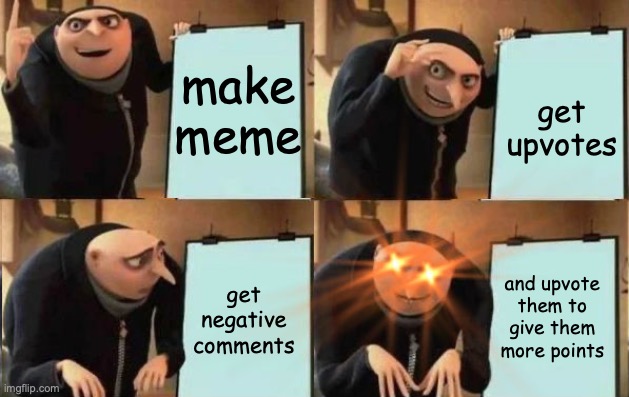 Grus Plan Evil | make meme; get upvotes; and upvote them to give them more points; get negative comments | image tagged in grus plan evil | made w/ Imgflip meme maker