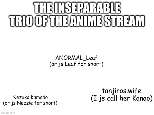 They're either silly or cahotic | THE INSEPARABLE TRIO OF THE ANIME STREAM; ANORMAL_Leaf
(or js Leaf for short); Nezuko.Kamado
(or js Nezzie for short); tanjiros.wife
(I js call her Kanao) | image tagged in anime stream lore,memes,funny | made w/ Imgflip meme maker