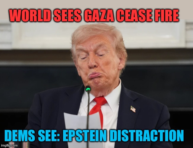 More great distractions coming | WORLD SEES GAZA CEASE FIRE; DEMS SEE: EPSTEIN DISTRACTION | image tagged in gifs,donald trump,president trump,trump administration,middle east | made w/ Imgflip meme maker