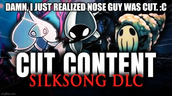 Steel Assassin Sharpe died before Silksong 's release. | DAMN, I JUST REALIZED NOSE GUY WAS CUT. :C | image tagged in tiso | made w/ Imgflip meme maker