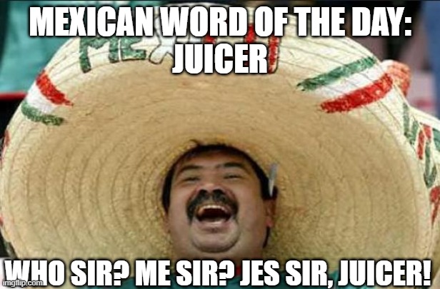 mexican word of the day | MEXICAN WORD OF THE DAY:
JUICER; WHO SIR? ME SIR? JES SIR, JUICER! | image tagged in mexican word of the day | made w/ Imgflip meme maker
