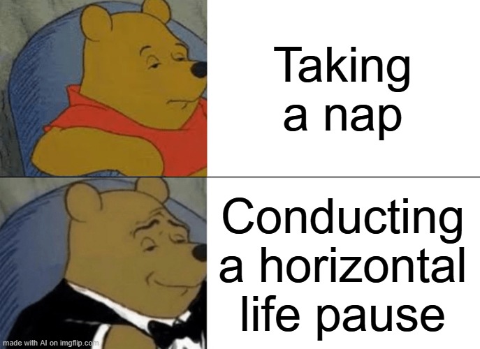 Tuxedo Winnie The Pooh Meme | Taking a nap; Conducting a horizontal life pause | image tagged in memes,tuxedo winnie the pooh | made w/ Imgflip meme maker