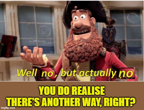 YOU DO REALISE THERE'S ANOTHER WAY, RIGHT? | image tagged in well no but actually no | made w/ Imgflip meme maker