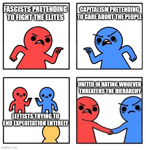 the alliance of fascists and capitalists | CAPITALISM PRETENDING TO CARE ABOUT THE PEOPLE; FASCISTS PRETENDING TO FIGHT THE ELITES; UNITED IN HATING WHOEVER 
THREATENS THE HIERARCHY; LEFTISTS TRYING TO END EXPLOITATION ENTIRELY | image tagged in fighting and uniting | made w/ Imgflip meme maker