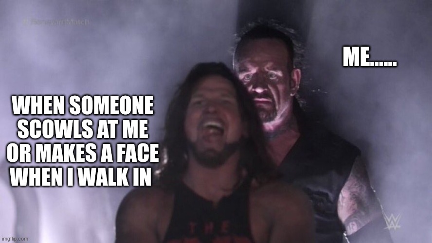 AJ Styles & Undertaker | ME...... WHEN SOMEONE SCOWLS AT ME OR MAKES A FACE WHEN I WALK IN | image tagged in aj styles undertaker | made w/ Imgflip meme maker