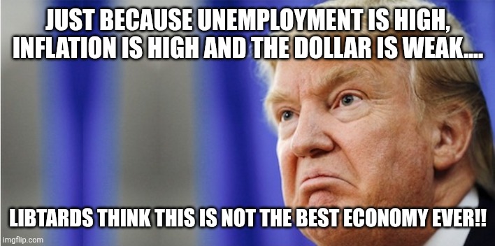 Trumpsession | JUST BECAUSE UNEMPLOYMENT IS HIGH, INFLATION IS HIGH AND THE DOLLAR IS WEAK.... LIBTARDS THINK THIS IS NOT THE BEST ECONOMY EVER!! | image tagged in donald trump,trump,maga,conservative,republican,scumbag republicans | made w/ Imgflip meme maker