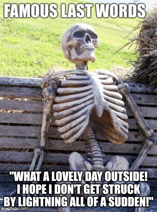 Famous Last Words | "WHAT A LOVELY DAY OUTSIDE! I HOPE I DON'T GET STRUCK BY LIGHTNING ALL OF A SUDDEN!" | image tagged in famous last words | made w/ Imgflip meme maker