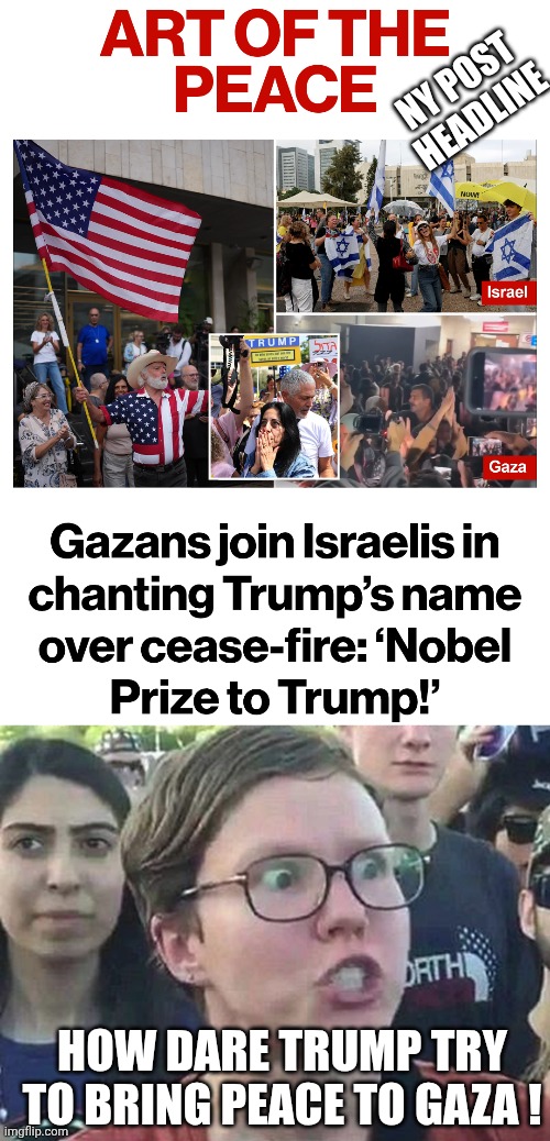 Triggered for Peace | NY POST HEADLINE; HOW DARE TRUMP TRY TO BRING PEACE TO GAZA ! | image tagged in triggered liberal,leftists,gaza,peace,trump,liberals | made w/ Imgflip meme maker