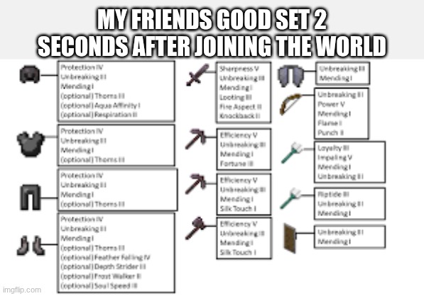 how do they go so fast | MY FRIENDS GOOD SET 2 SECONDS AFTER JOINING THE WORLD | image tagged in funny,minecraft memes,netherite god set,weirdly good friends | made w/ Imgflip meme maker