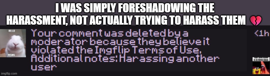 dude i know how this stream gets </3 | I WAS SIMPLY FORESHADOWING THE HARASSMENT, NOT ACTUALLY TRYING TO HARASS THEM 💔 | made w/ Imgflip meme maker
