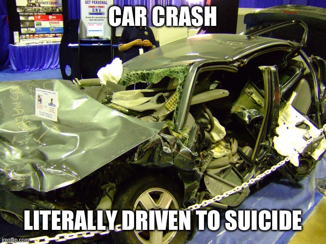 Car crash | CAR CRASH; LITERALLY DRIVEN TO SUICIDE | image tagged in car crash | made w/ Imgflip meme maker