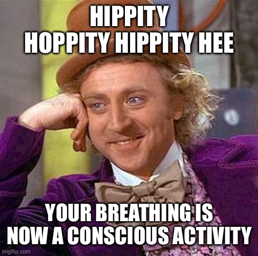 *evil cackling sounds* | HIPPITY HOPPITY HIPPITY HEE; YOUR BREATHING IS NOW A CONSCIOUS ACTIVITY | image tagged in memes,creepy condescending wonka,consciousness,breathing,fun,funny | made w/ Imgflip meme maker